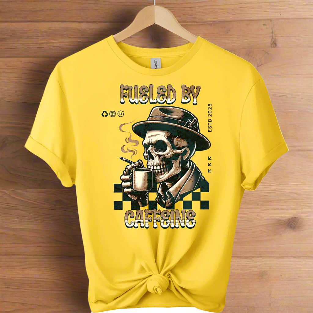 Caffeine T-Shirt  with Retro coffee  Graphic Design skull drinking coffee front view color and typography fuelled by caffeine color daisy