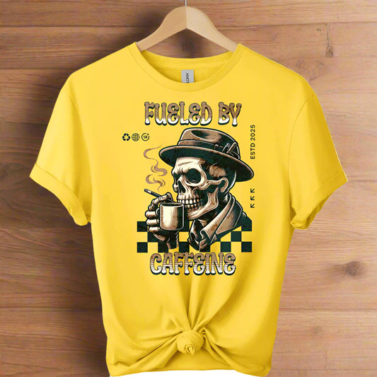 Caffeine T-Shirt  with Retro coffee  Graphic Design skull drinking coffee front view color and typography fuelled by caffeine color daisy