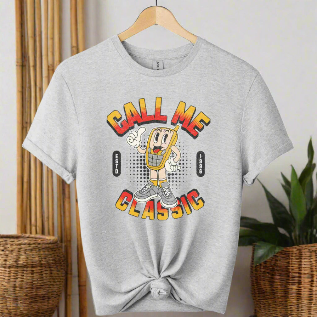 Gildan premium soft style Call me Classic graphic tees with old phone design for men and women  t-shirts color royal  sport grey