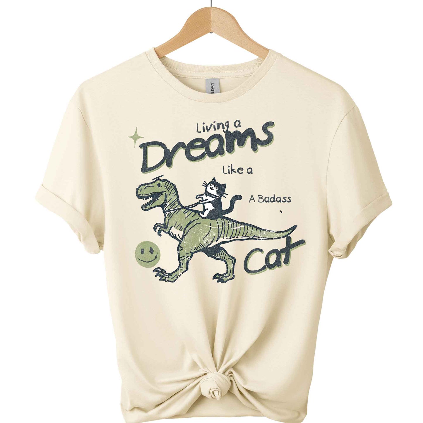 Front view Cat and dinosaur tees  design t-shirts gildan with color of  Natural
