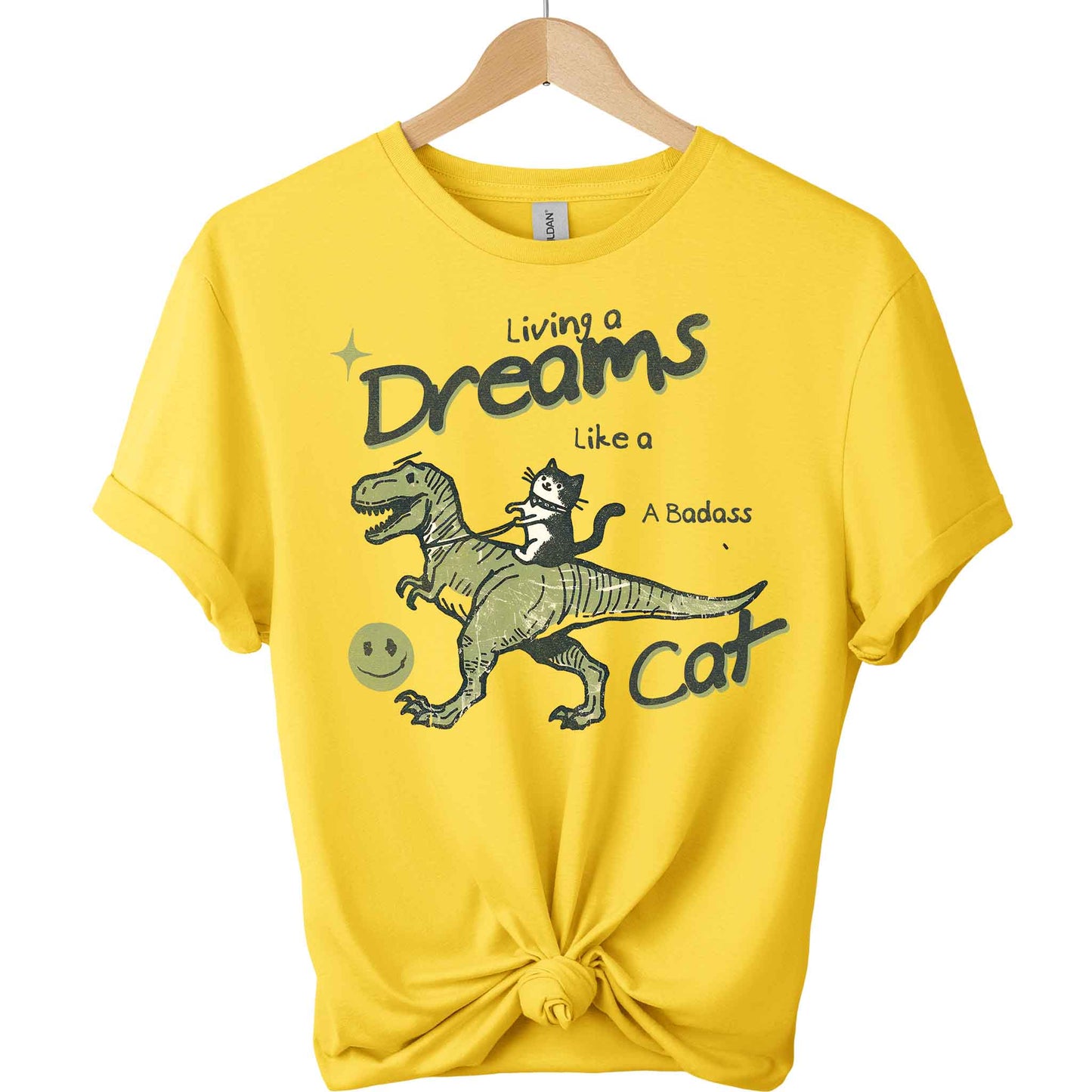 Front view Cat and dinosaur tees  design t-shirts gildan with color of  
 Daisy