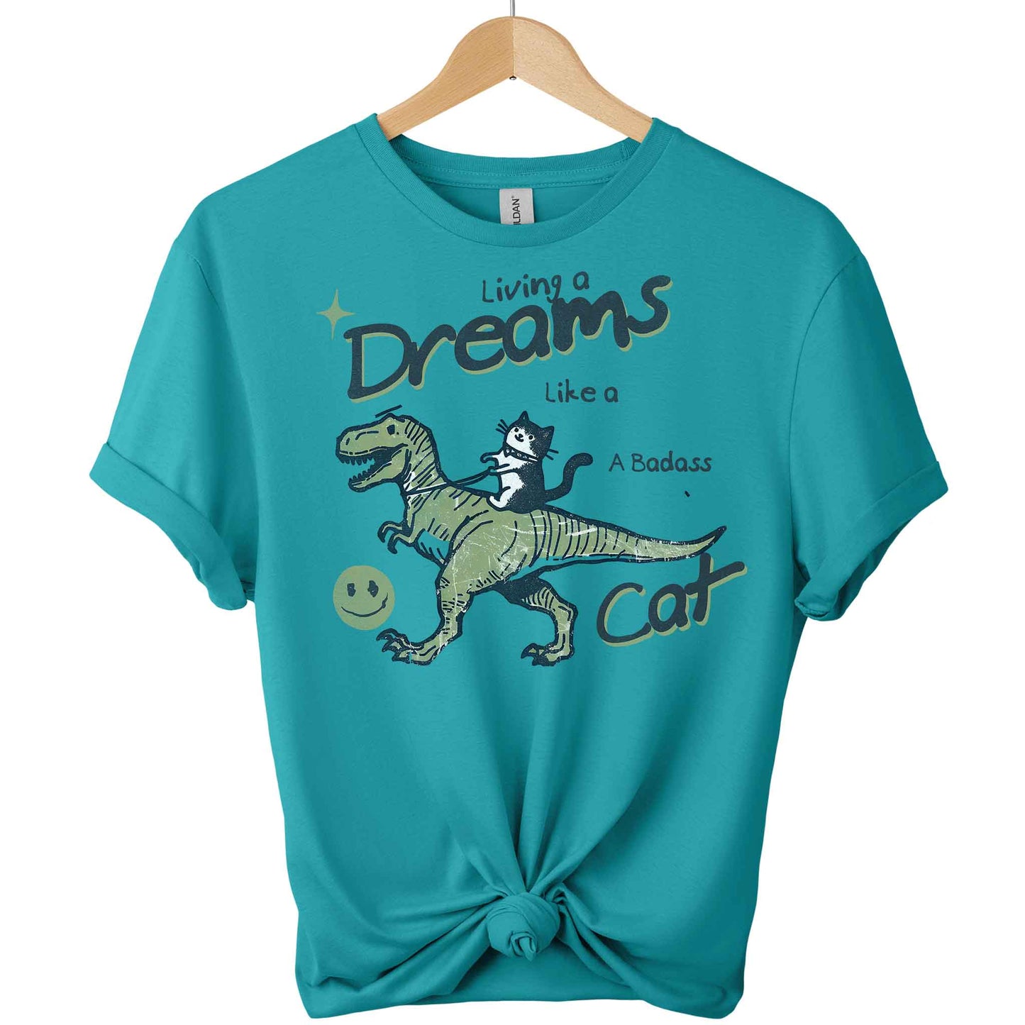 Front view Cat and dinosaur tees  design t-shirts gildan with color of  Tropical