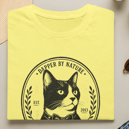 A folded cornsilk  T-shirt is displayed in a styled flat lay on a light beige surface. The shirt features a black graphic of a cat inside a circular emblem with the text 'DAPPER BY NATURE' and 'EST.