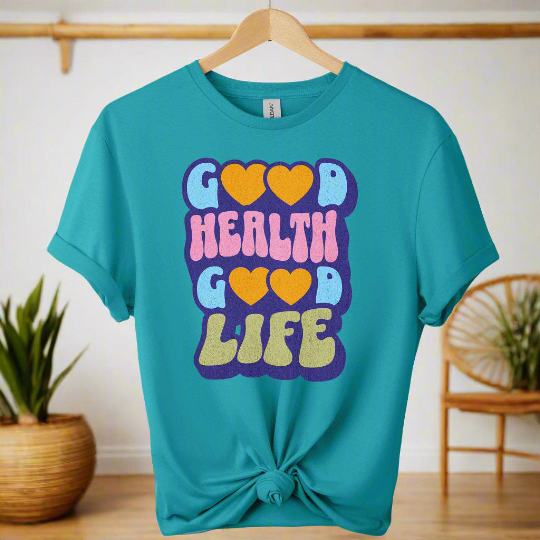 Front T-shirt with Good health typography Graphic tees top retro shirts with the color of tropical blue