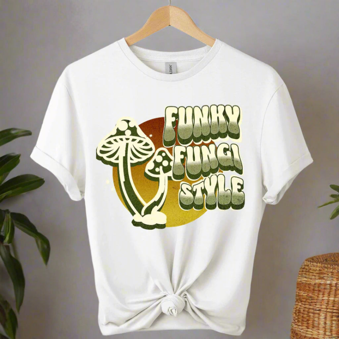 Graphic tees with fungi design and typography funky mushroom style boho style retro vintage color white
