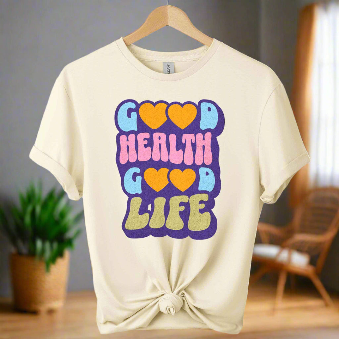 Front T-shirt with Good health typography Graphic tees top retro shirts with the color of natural