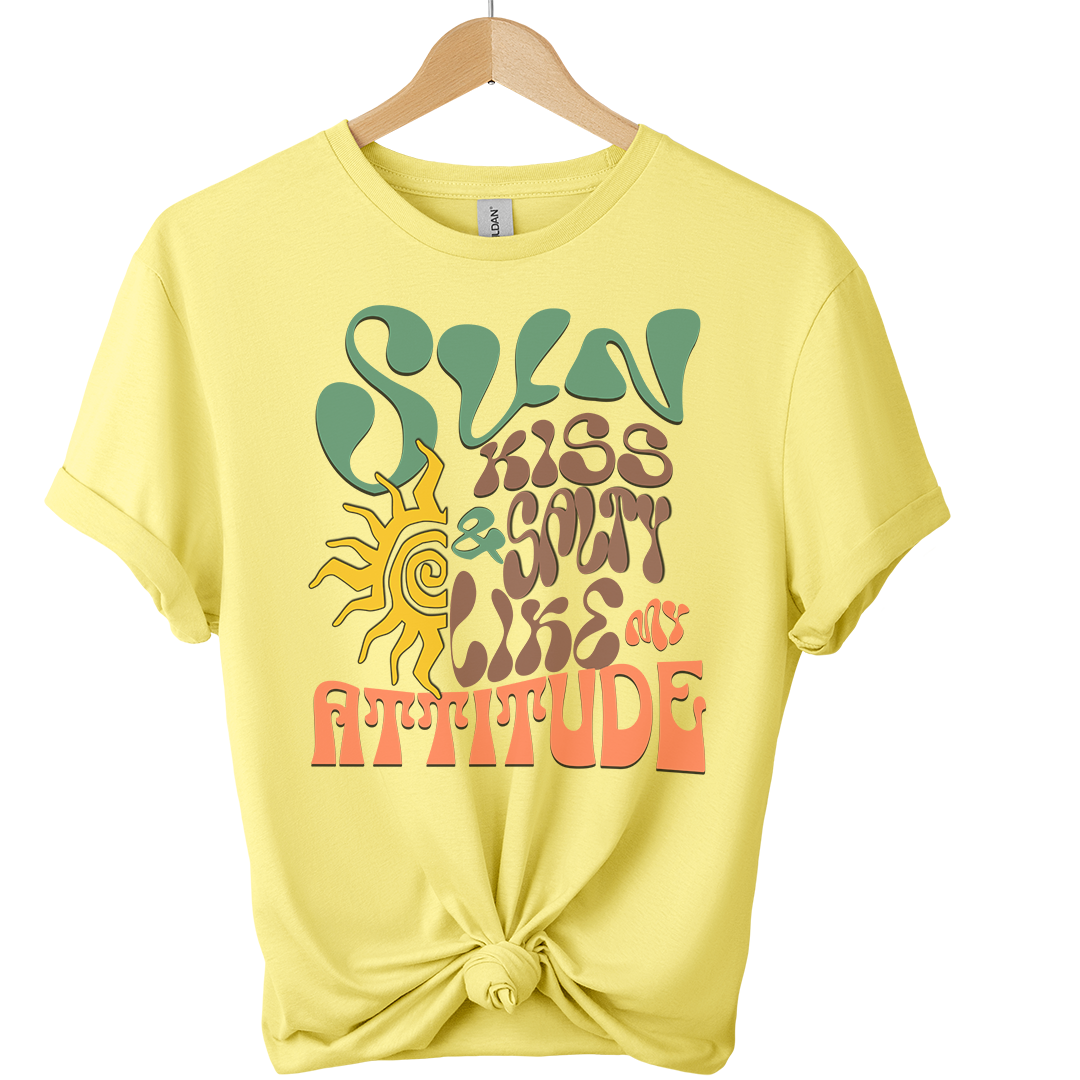 cornsilkj t-shirt with colorful graphic design on a white background