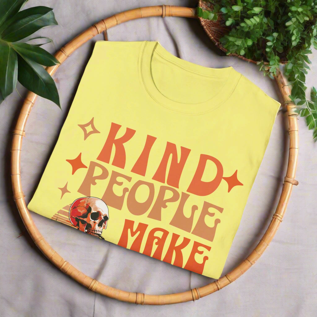 Cornsilk  t-shirt with red text 'KIND PEOPLE MAKE' on a white background