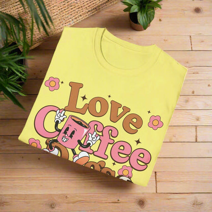 Cornsilk t-shirt with 'Love Coffee' text and cartoon coffee cup design on a white background