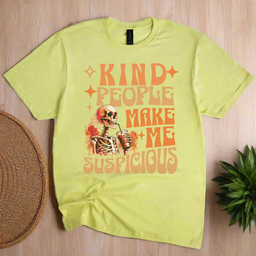 Cornsilk t-shirt with a skeleton graphic and text on a white background