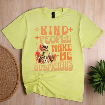 Cornsilk t-shirt with a skeleton graphic and text on a white background