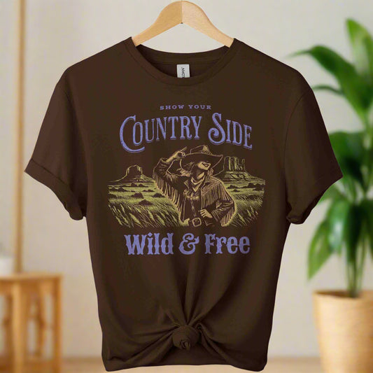 Gildan premium soft t-shirts front design Countryside with cowgirl  graphic  Unisex Fashion Lovers color dark chocolate