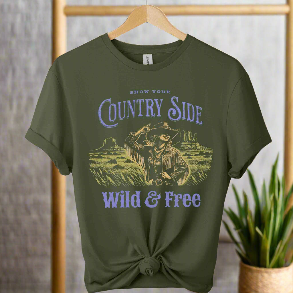 Gildan premium soft t-shirts front design Countryside with cowgirl  graphic  Unisex Fashion Lovers color Military green