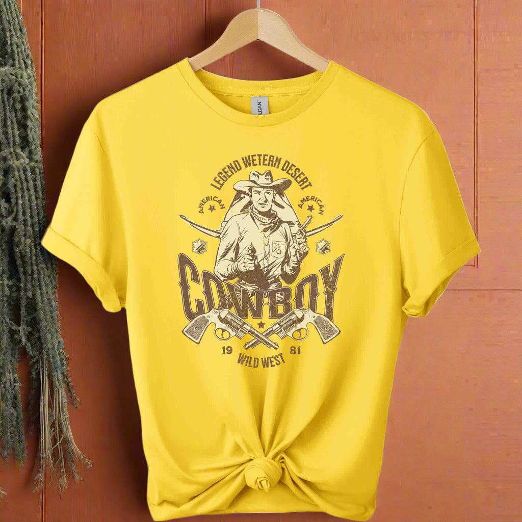 Cowboy T-Shirt: gildan t -shirts with front design of cowboy and western looks graphic tees for unisex with the color of daisy