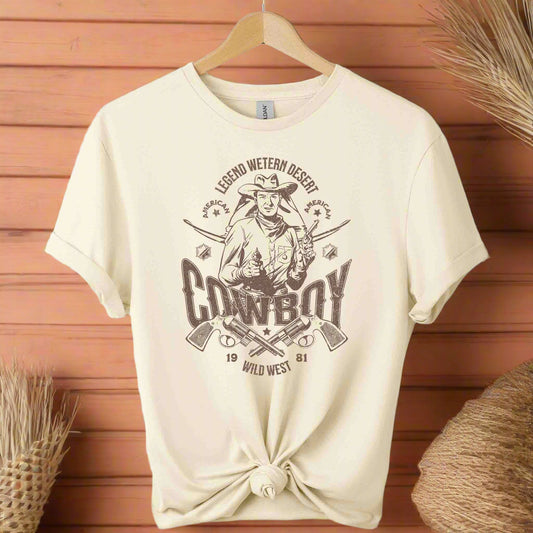 Cowboy T-Shirt: gildan t -shirts with front design of cowboy and western looks graphic tees for unisex with the color of natural 