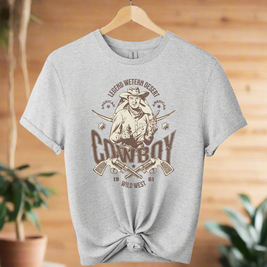 Cowboy T-Shirt: gildan t -shirts with front design of cowboy and western looks graphic tees for unisex with the color of Sport_grey