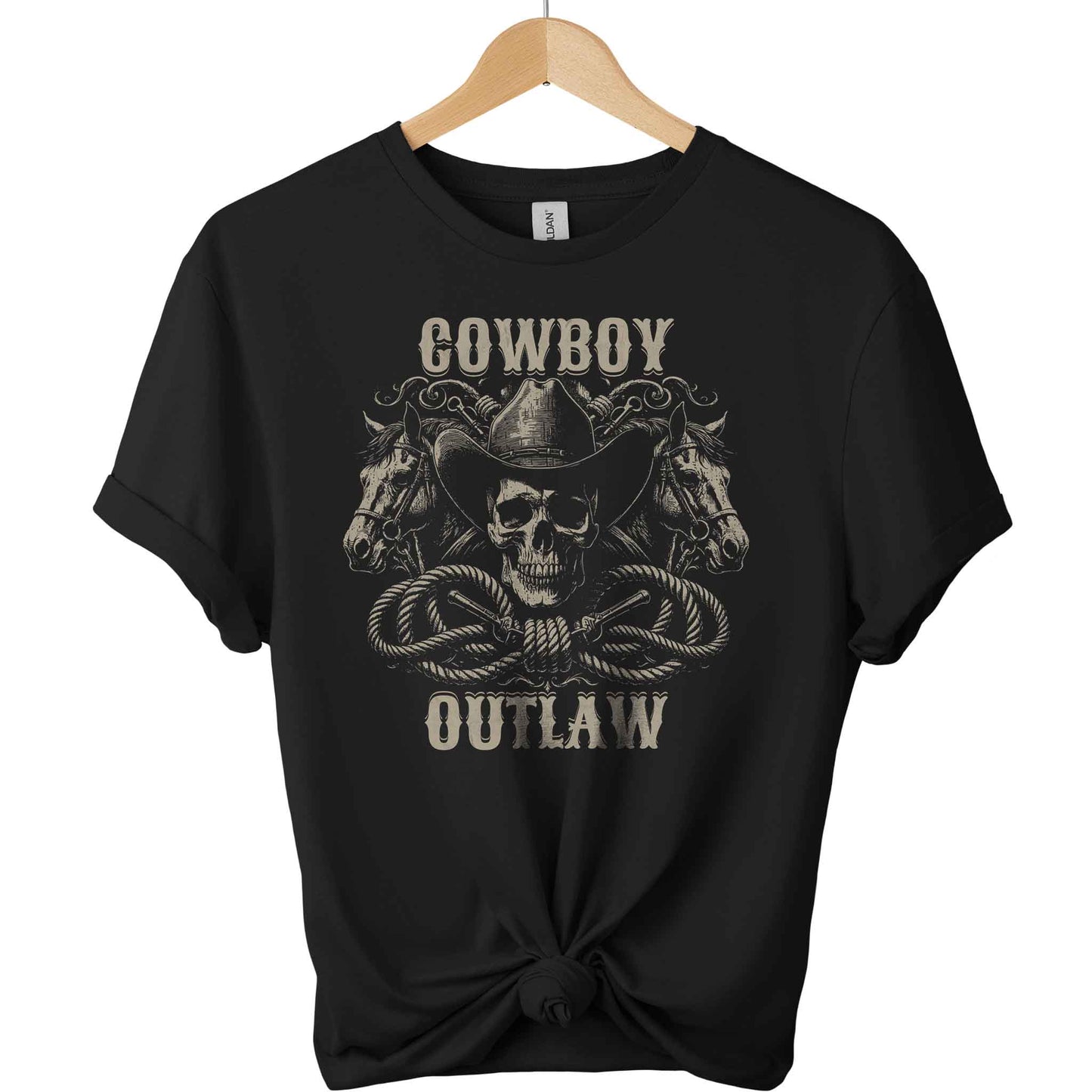 Cowboy and outlaw Gildan t-shirt with a front design of skull wearing cowboy hat and 2 head horses with typography of cowboy and outlaw graphic tees unisex with color  black