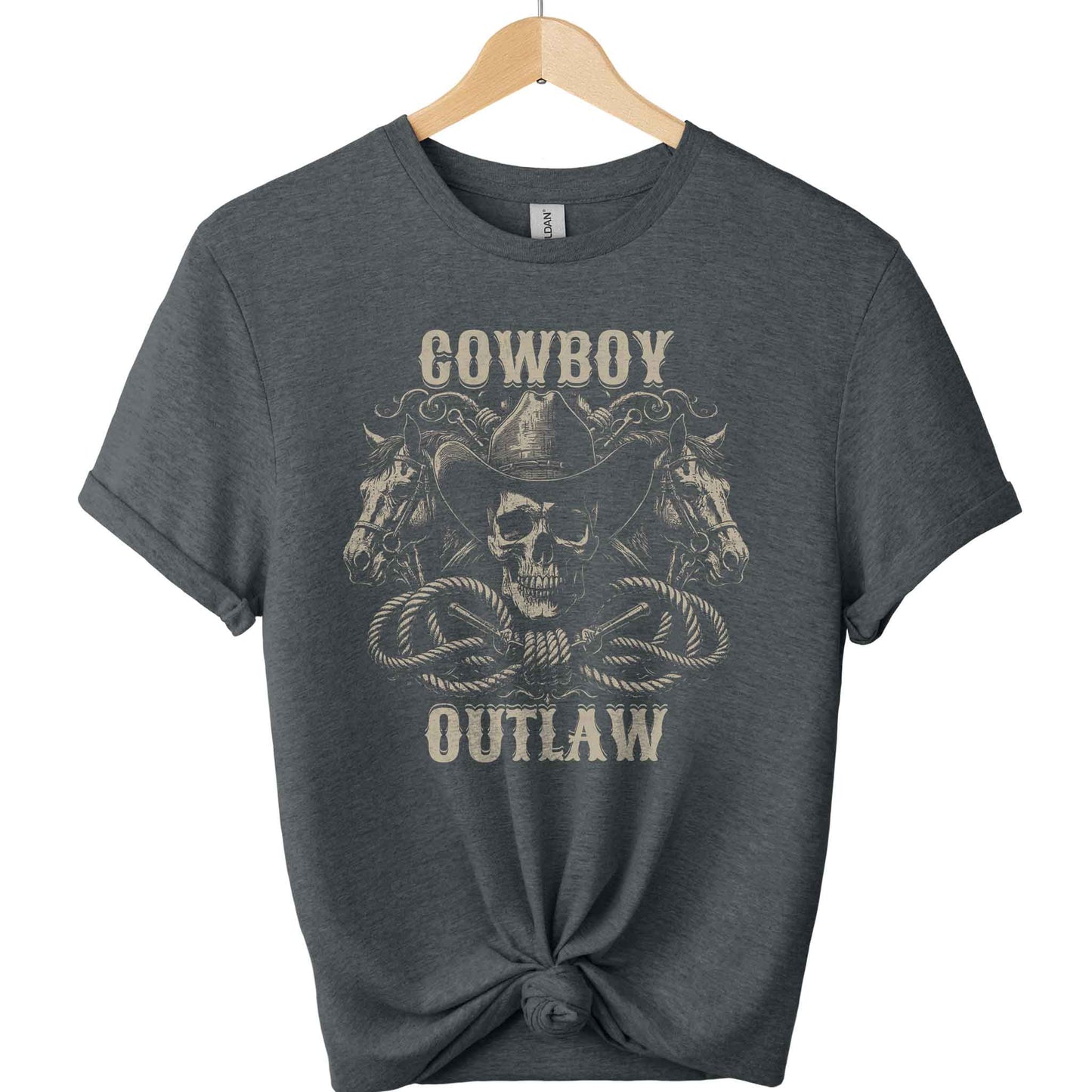 Cowboy and outlaw Gildan t-shirt with a front design of skull wearing cowboy hat and 2 head horses with typography of cowboy and outlaw graphic tees unisex with color   Dark Heather