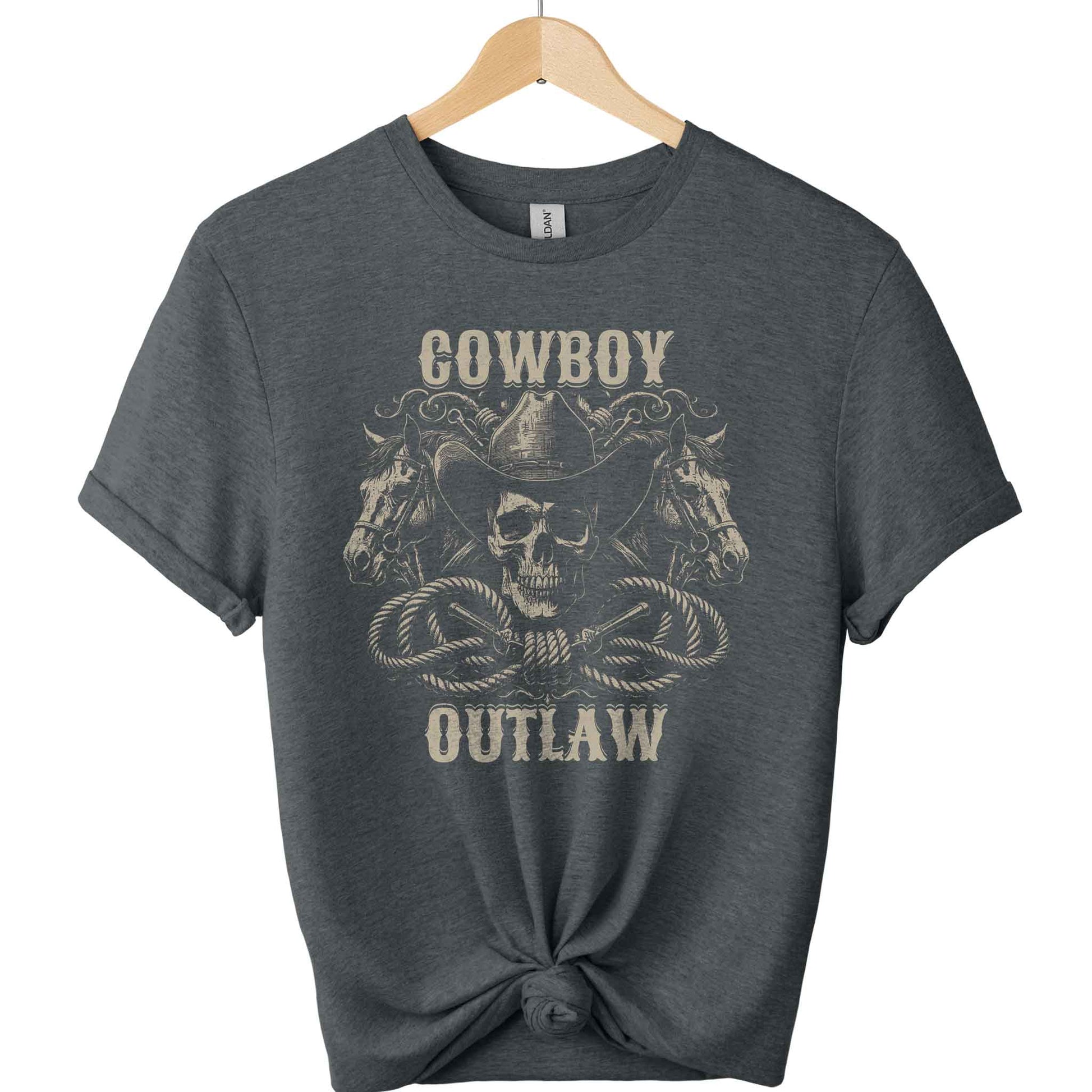 Cowboy and outlaw Gildan t-shirt with a front design of skull wearing cowboy hat and 2 head horses with typography of cowboy and outlaw graphic tees unisex with color   Dark Heather