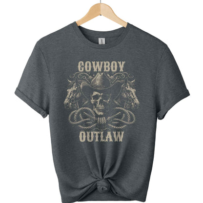 Cowboy and outlaw Gildan t-shirt with a front design of skull wearing cowboy hat and 2 head horses with typography of cowboy and outlaw graphic tees unisex with color   Dark Heather