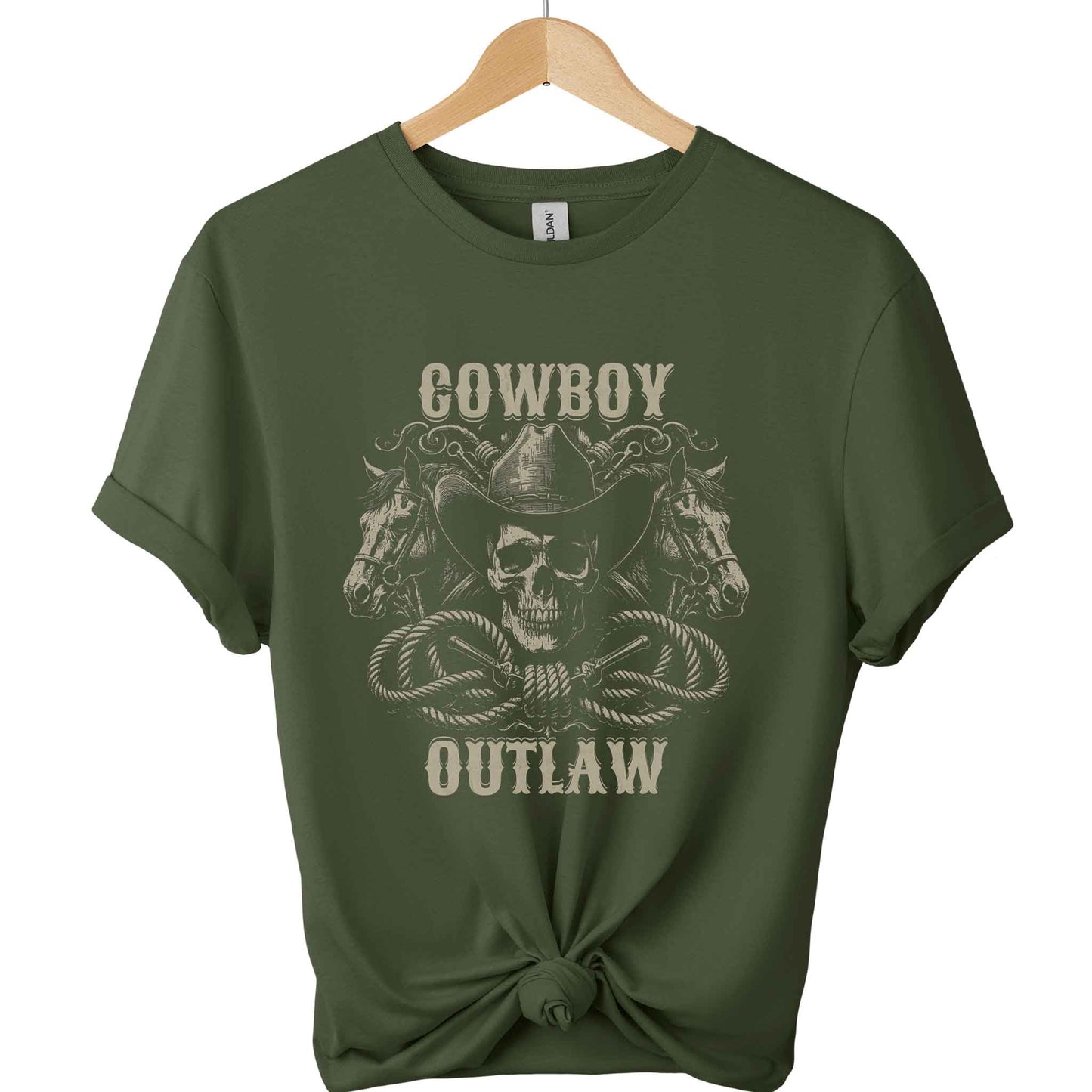 Cowboy and outlaw Gildan t-shirt with a front design of skull wearing cowboy hat and 2 head horses with typography of cowboy and outlaw graphic tees unisex with color Military_green