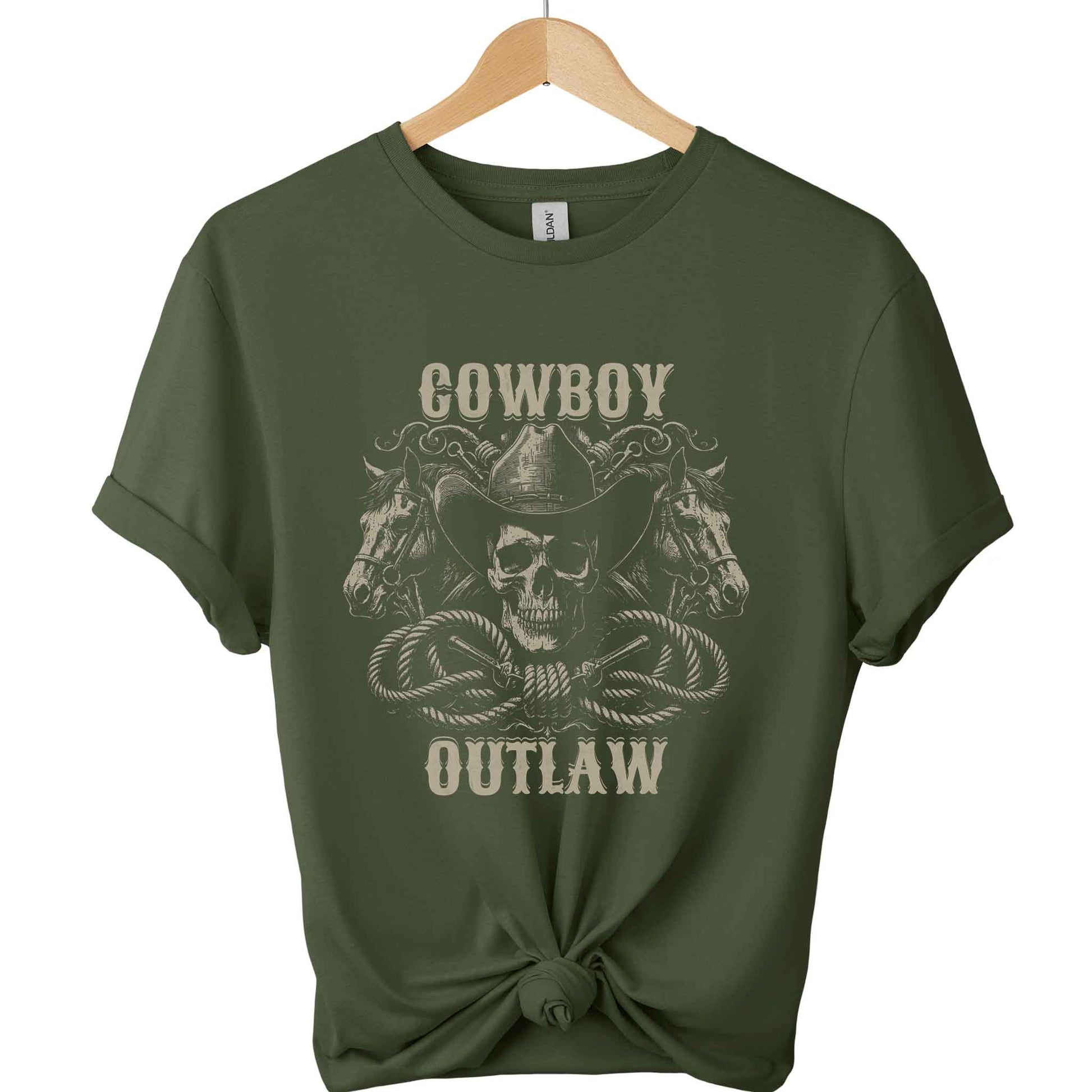 Cowboy and outlaw Gildan t-shirt with a front design of skull wearing cowboy hat and 2 head horses with typography of cowboy and outlaw graphic tees unisex with color Military_green