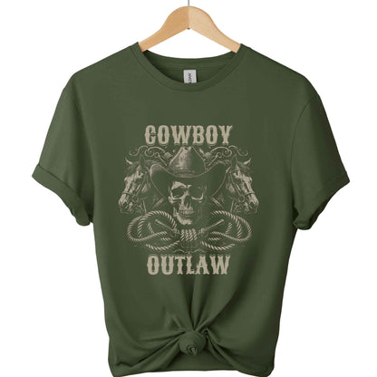 Cowboy and outlaw Gildan t-shirt with a front design of skull wearing cowboy hat and 2 head horses with typography of cowboy and outlaw graphic tees unisex with color Military_green