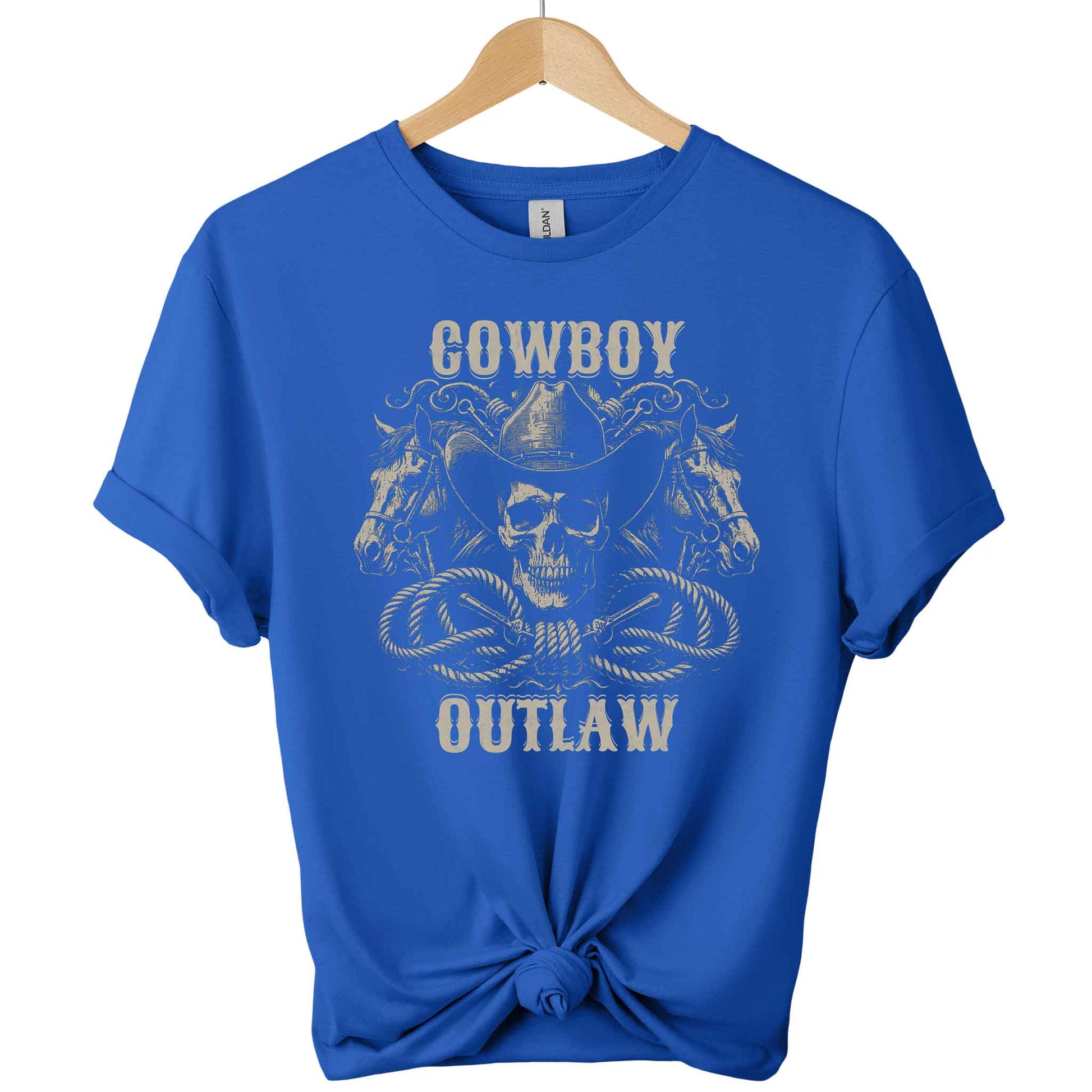 Cowboy and outlaw Gildan t-shirt with a front design of skull wearing cowboy hat and 2 head horses with typography of cowboy and outlaw graphic tees unisex with color royal blue