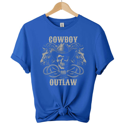 Cowboy and outlaw Gildan t-shirt with a front design of skull wearing cowboy hat and 2 head horses with typography of cowboy and outlaw graphic tees unisex with color royal blue