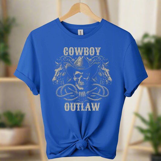 Cowboy and outlaw Gildan t-shirt with a front design of skull wearing cowboy hat and 2 head horses with typography of cowboy and outlaw graphic tees unisex with color royal blue