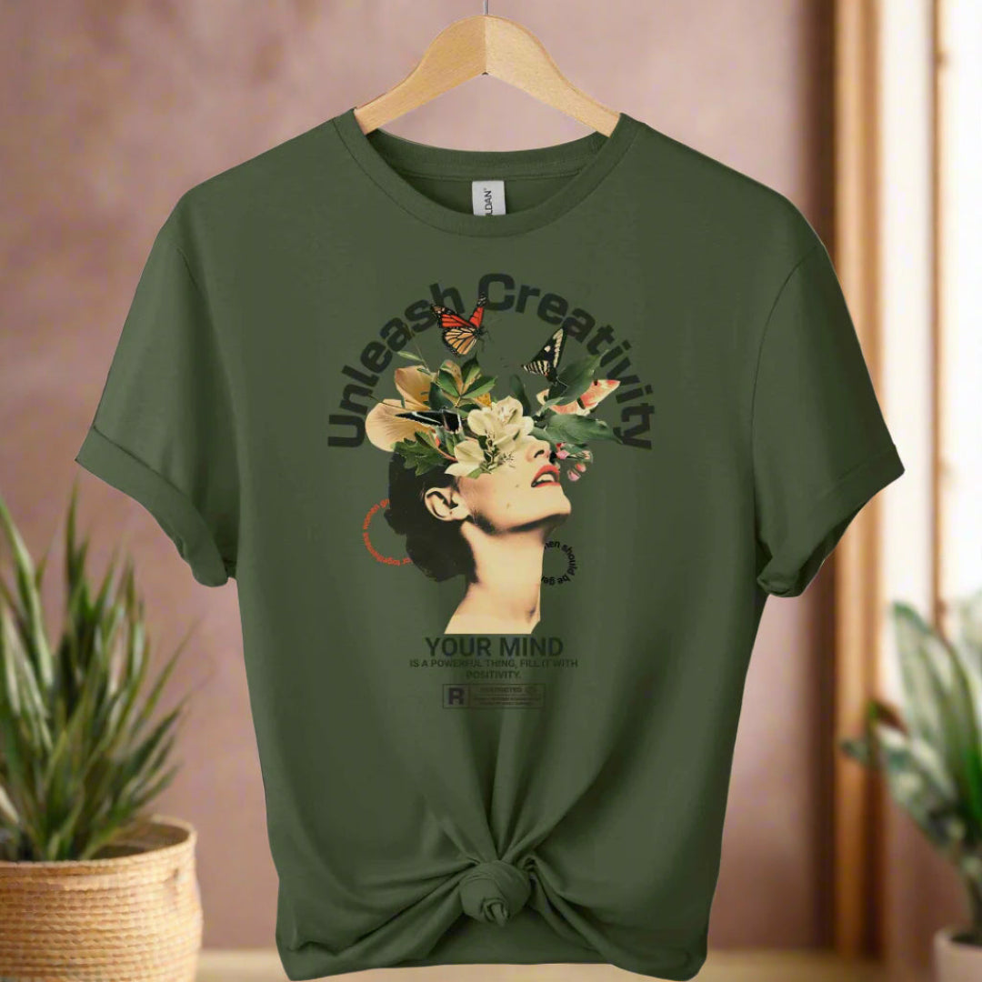 Unisex t-shirt boho style front with typography and graphic design  unleash creativity motivational inspired color  military green