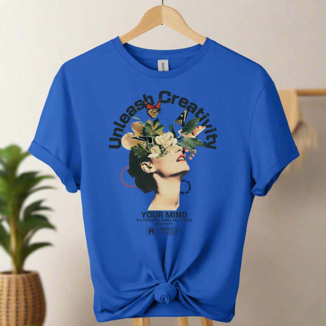Unisex t-shirt boho style front with typography and graphic design motivational inspired color Royal blue