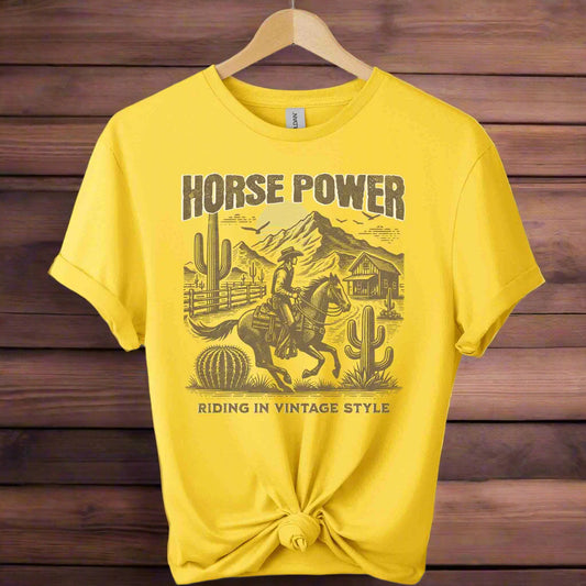 Adult unisex t-shirts with classic horse cowboy graphic design and classic typography writing riding in vintage style color daisy