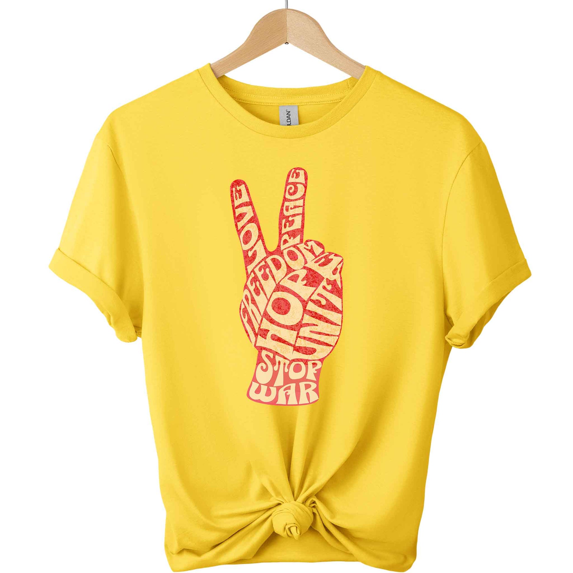 Stop war t-shirt with peace hand sign and freedom hope unite typography shirts color Daisy