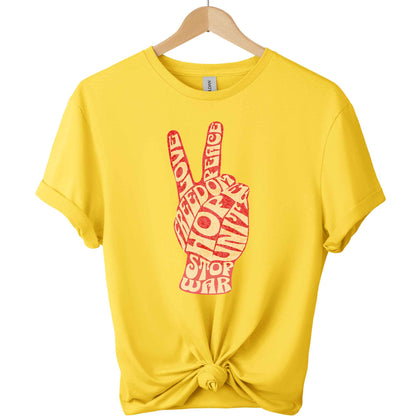 Stop war t-shirt with peace hand sign and freedom hope unite typography shirts color Daisy