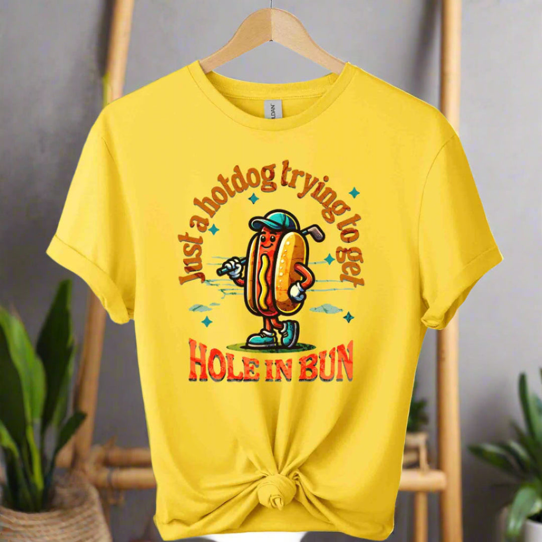Color daisy shirt ,Unisex T-shirts front with hotdog sandwich  cartoons design and typography just a hotdog trying to get Hole in bun 