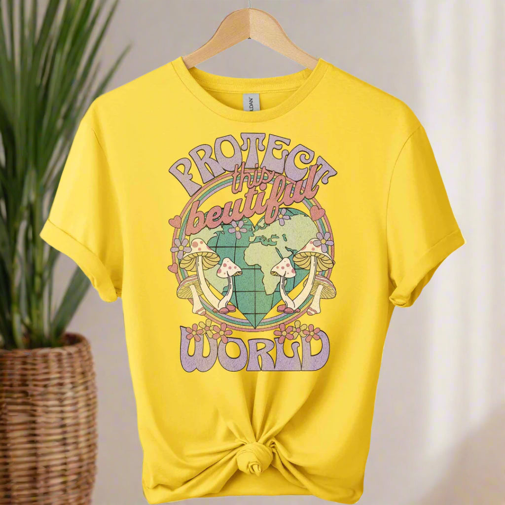 T-shirt front with color daisy and graphic world design ,typography that saying protect the world boho inspired for adults 
