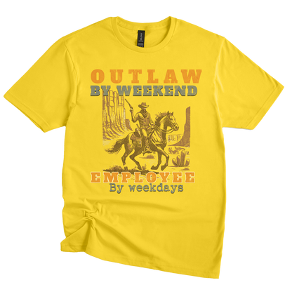 Yellow t-shirt with a graphic of a person on a horse and text 'Outlaw by weekend, Employee by weekdays' on a white background.