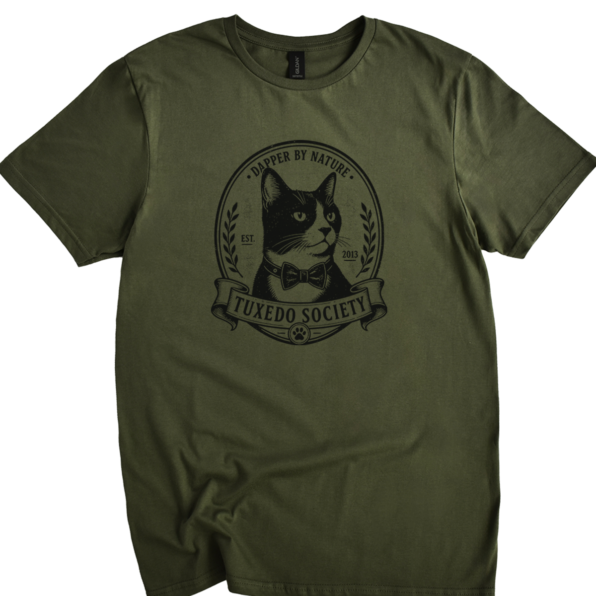 An military green short-sleeve t-shirt with a black graphic print of a cat wearing a bow tie inside a circular emblem that reads 'TUXEDO SOCIETY'.