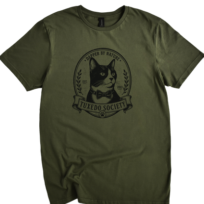 An military green short-sleeve t-shirt with a black graphic print of a cat wearing a bow tie inside a circular emblem that reads 'TUXEDO SOCIETY'.