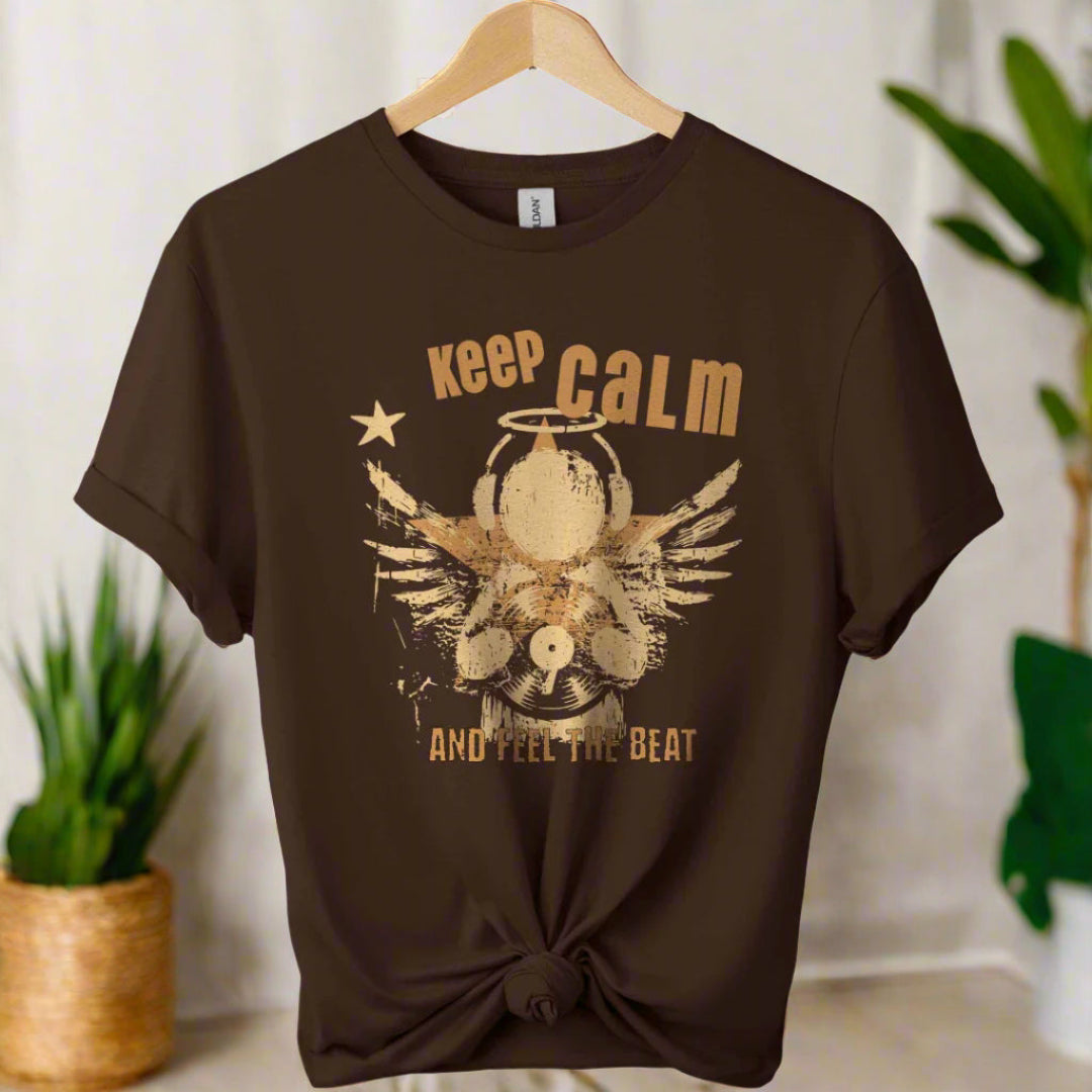 Unisex t shirts color Dark chocolate with front design typography "Keep calm" and feel the beat and angel with holding classic vinyl tape. 