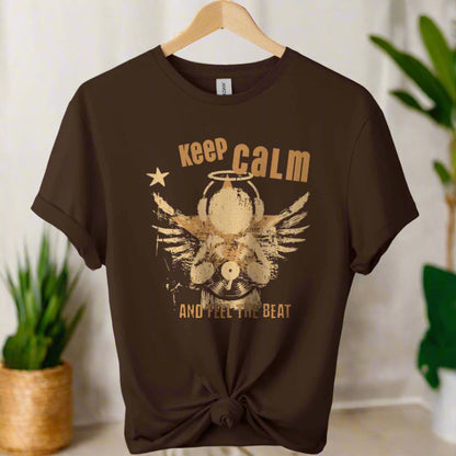 Unisex t shirts color Dark chocolate with front design typography "Keep calm" and feel the beat and angel with holding classic vinyl tape. 