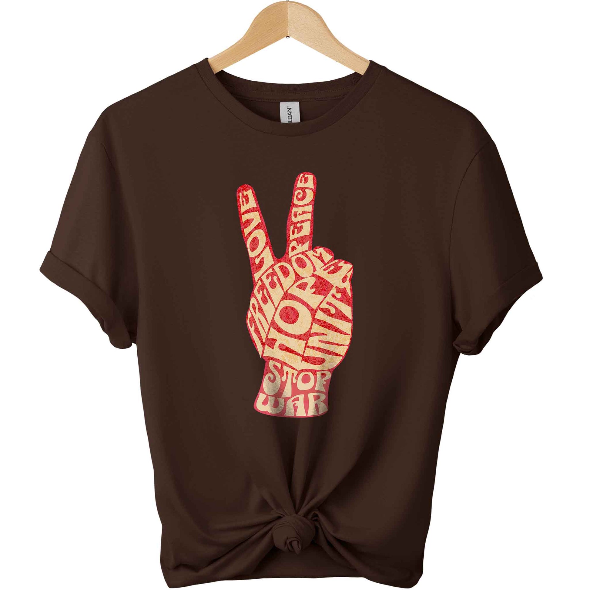 Stop war t-shirt with peace hand sign and freedom hope unite typography shirts color dark chocolate