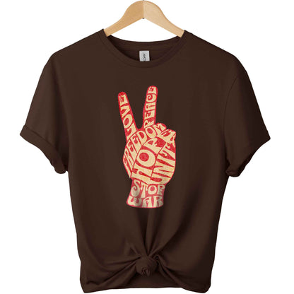 Stop war t-shirt with peace hand sign and freedom hope unite typography shirts color dark chocolate