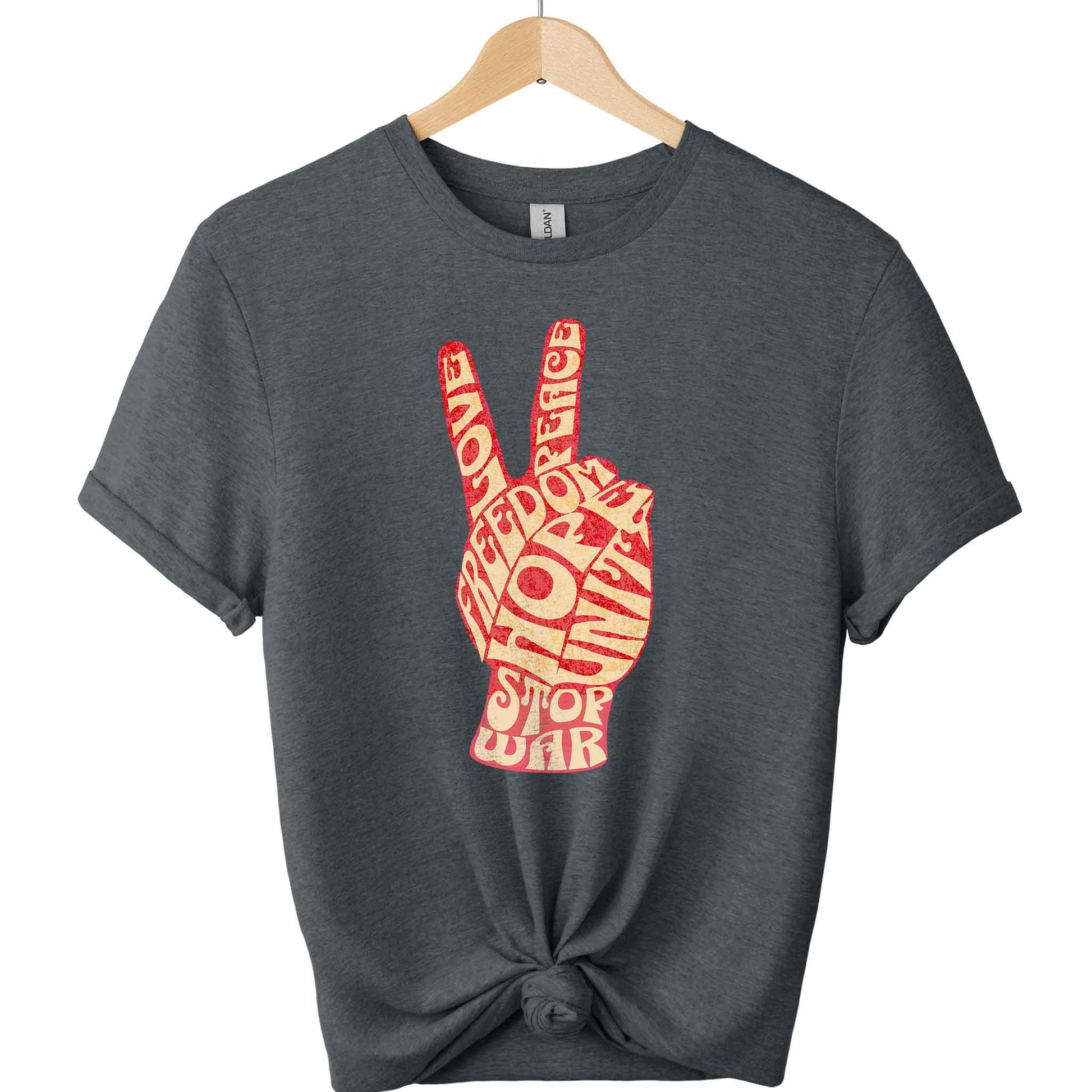 Stop war t-shirt with peace hand sign and freedom hope unite typography shirts color Dark heather