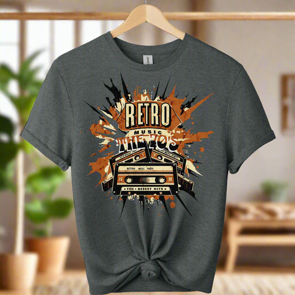 Unisex t-shirts color dark heather,front design mixtape old school cassette tape and typography retro 70 s music ,retro inspired design