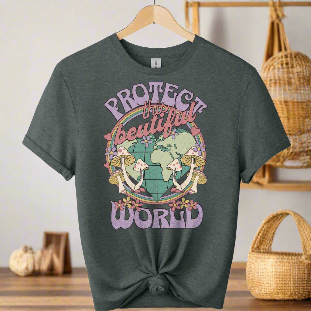 T-shirt front with color dark heather and graphic world design ,typography that saying protect the world boho inspired for adults 