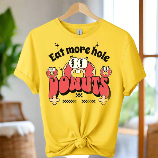 Eat More Holes Donut T-Shirt gildan premium shirt front design donut with typography eatmore holes and the color of daisy
