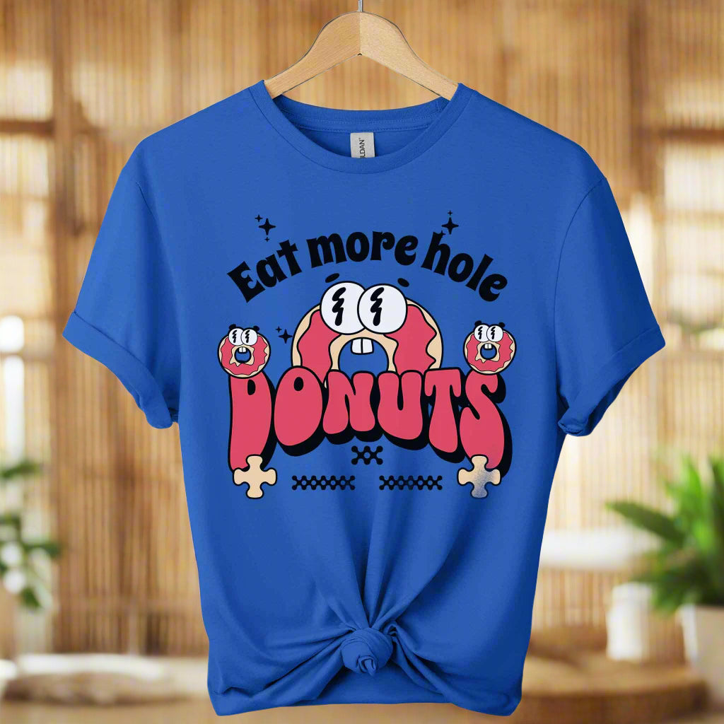 Eat More Holes Donut T-Shirt gildan premium shirt front design donut with typography eatmore holes and the color of royal