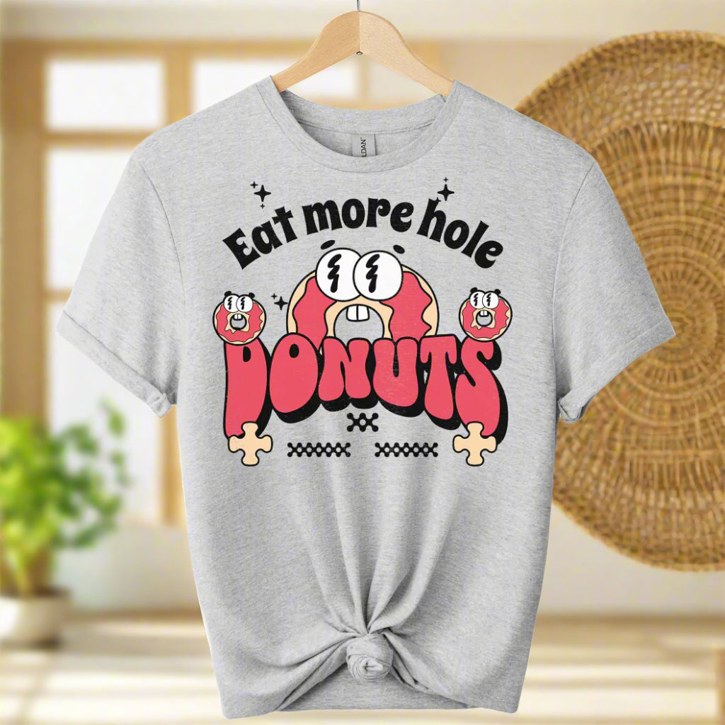 Eat More Holes Donut T-Shirt gildan premium shirt front design donut with typography eatmore holes and the color of Sport Grey